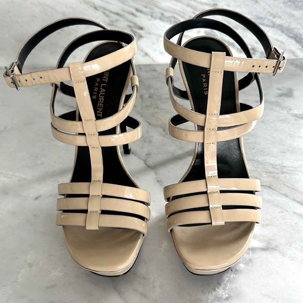 Saint Laurent T-strap platform patent neutral sandals in size 8